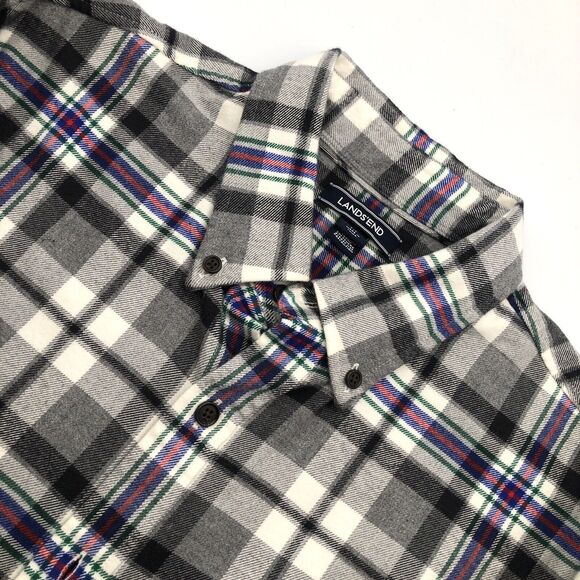 Lands End Mens Flannel Shirt Black White Plaid Size Large Button Down Casual Emo - Picture 1 of 11